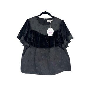 Crosby Marian Top Black Velvet Hearts Embossed Ruffle Tiered Sleeve Medium NEW